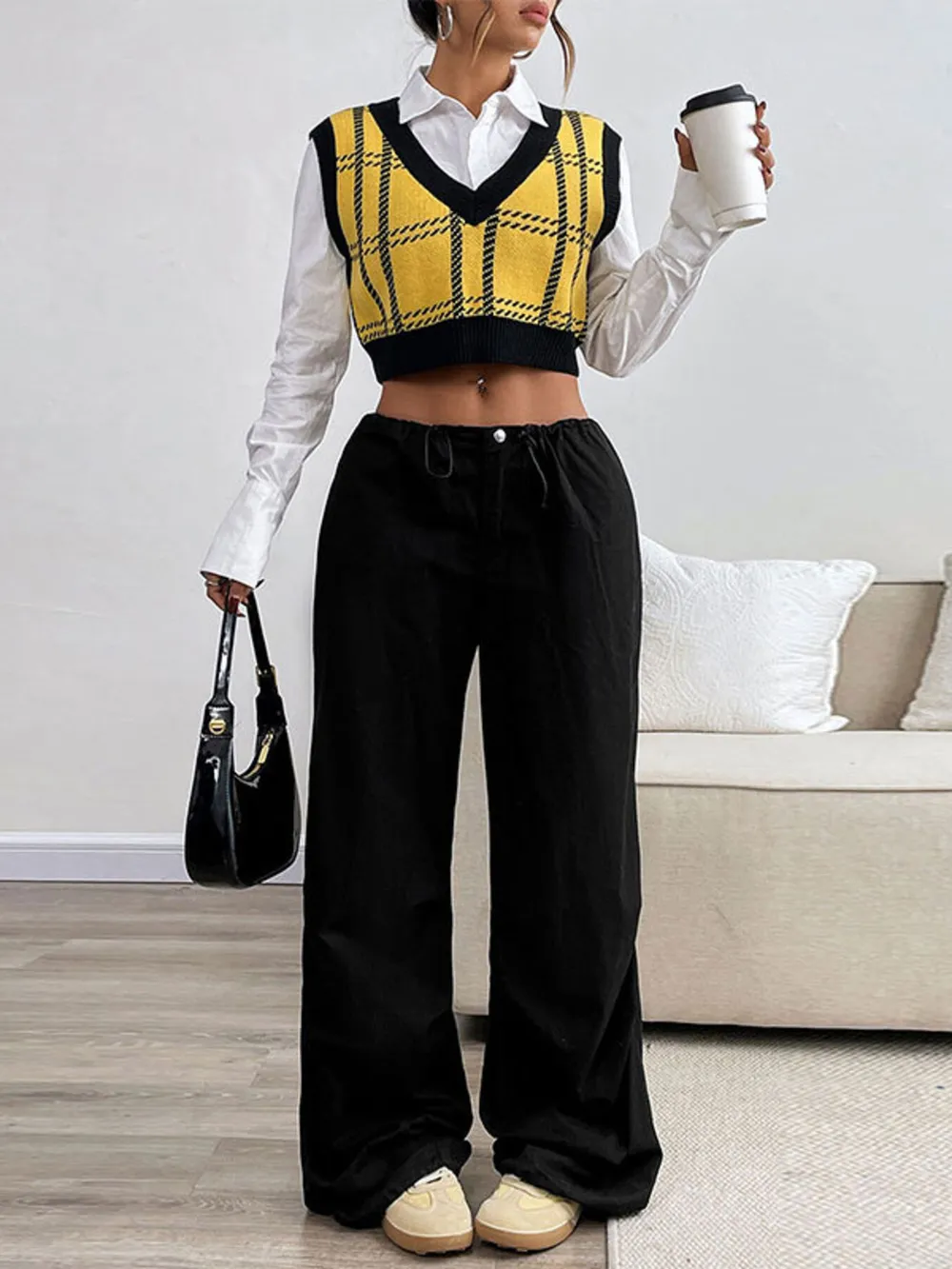 Plaid V-Neck Cropped Sweater Vest, image 3