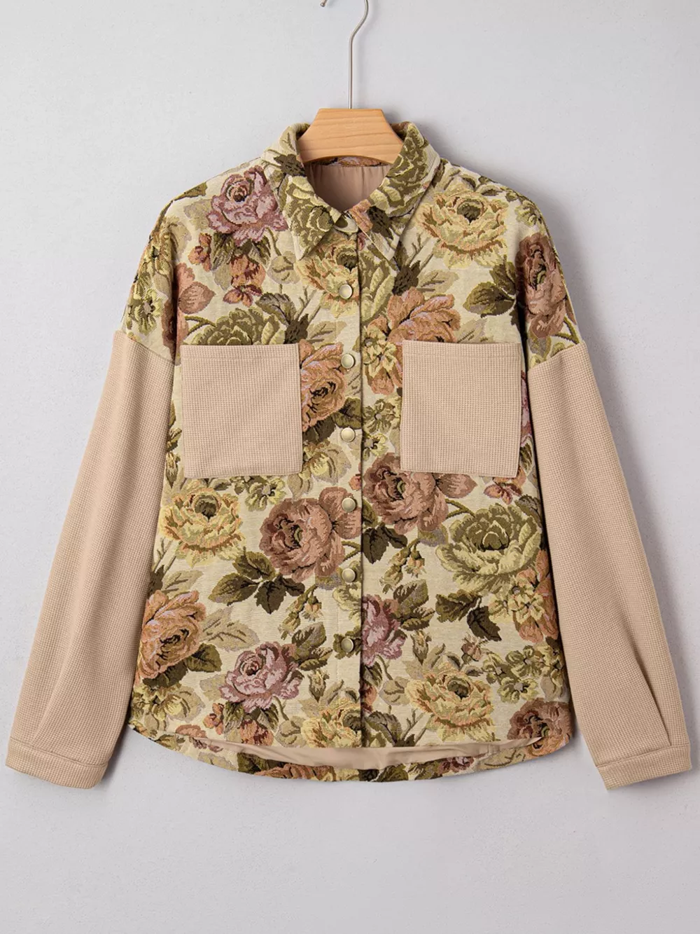 Floral Waffle Knit Patchwork Chest Pockets Buttoned Jacket, image 5