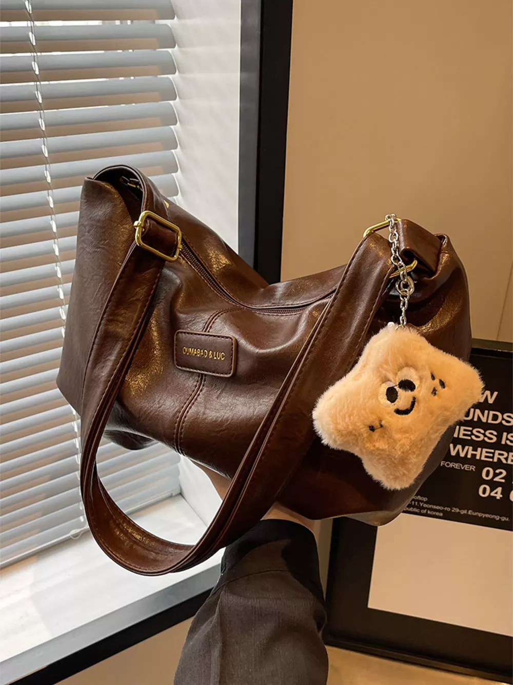 PU Leather Crossbody Bag with Plush Charm, image 3