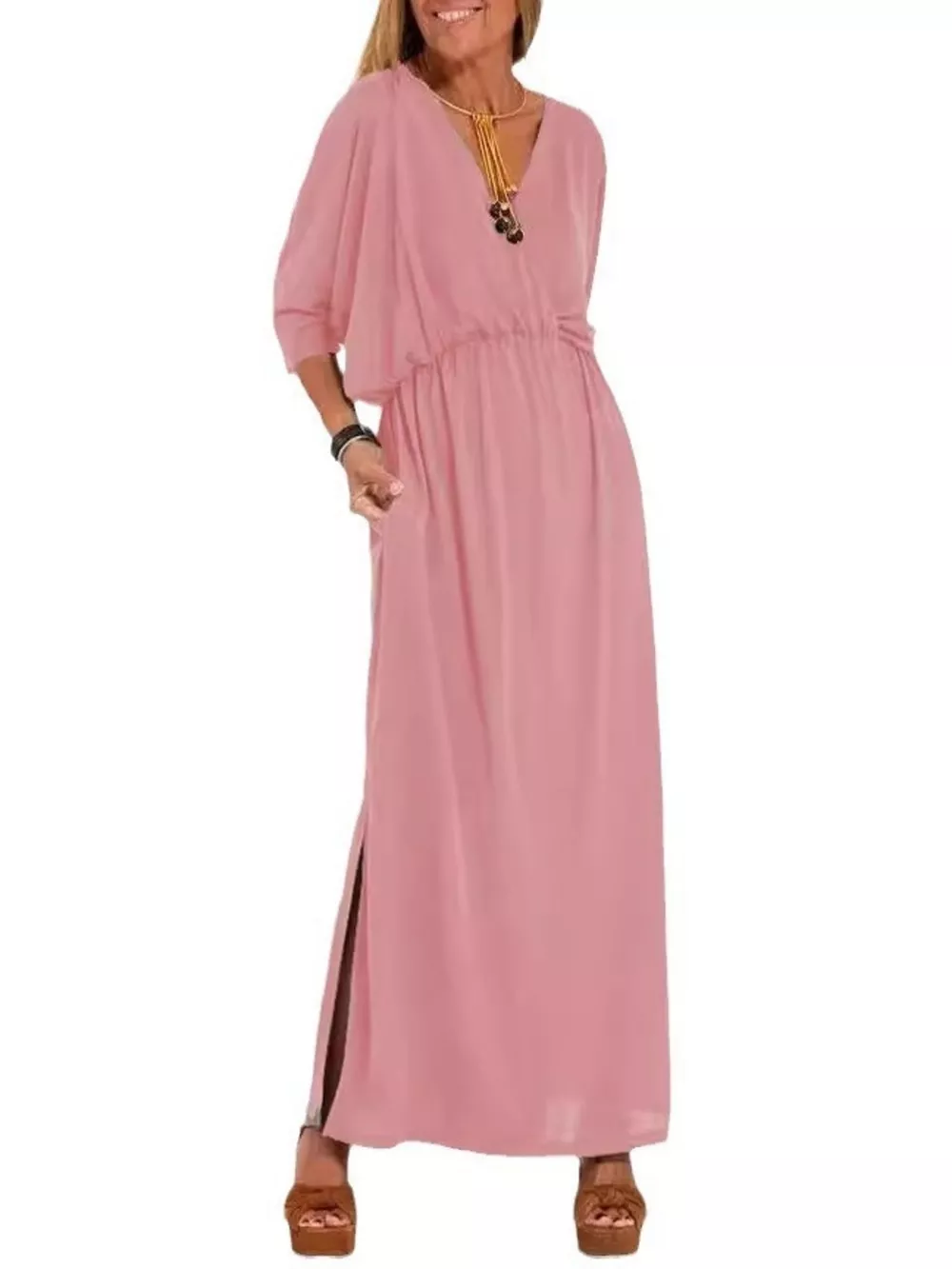 Full Size V-Neck Batwing Sleeve Maxi Dress with Side Slits Plus Size, image 16