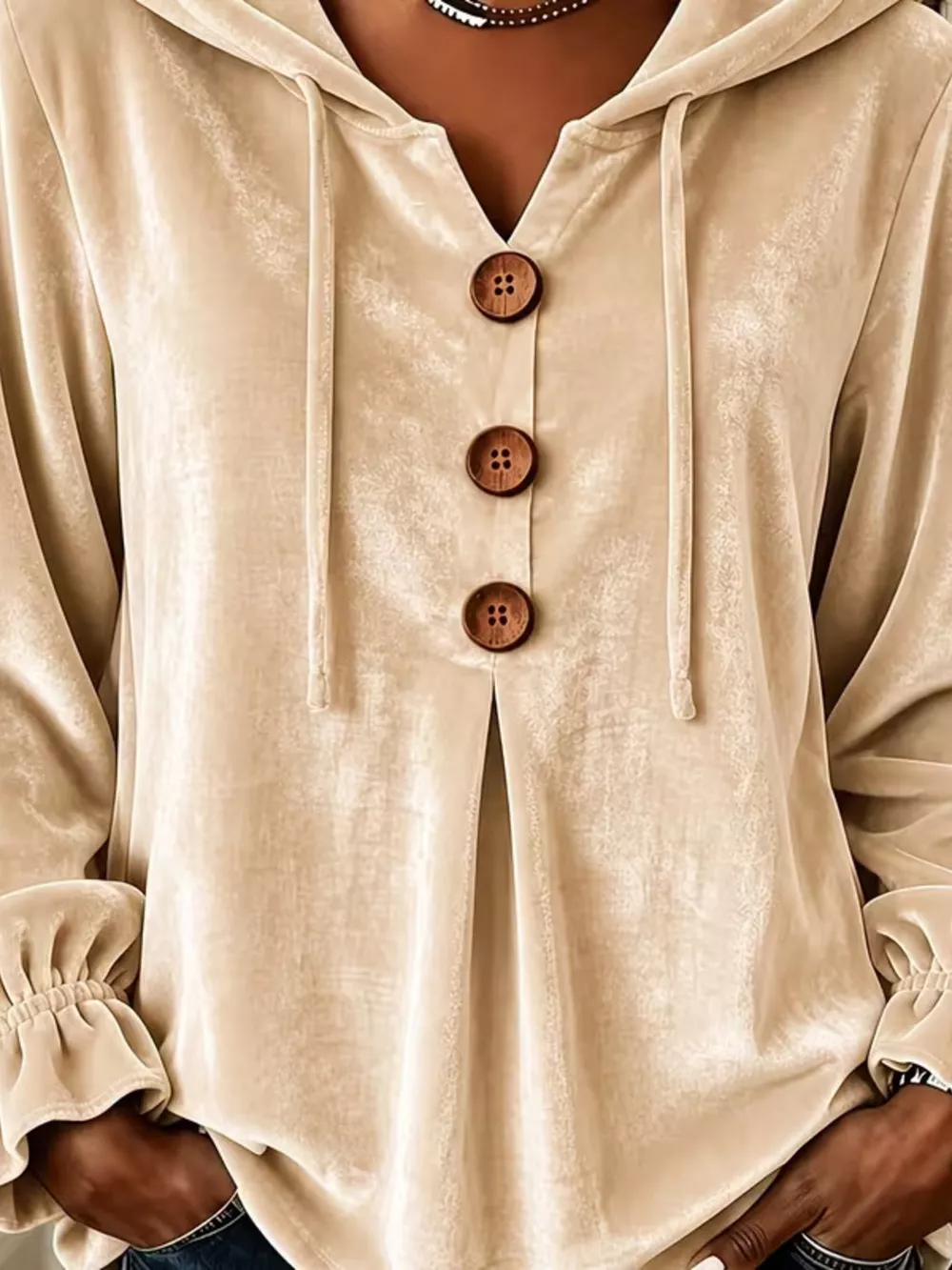 Full Size Decorative Buttons Velvet Hoodie Plus Size, image 2