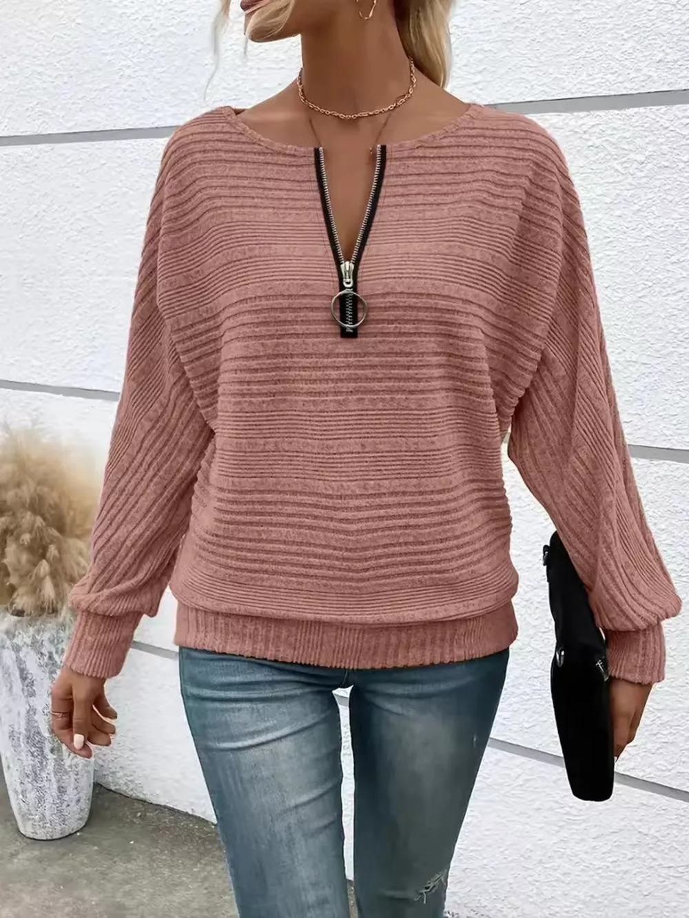 Ribbed Knit Quarter Zip Sweatshirt, image 8