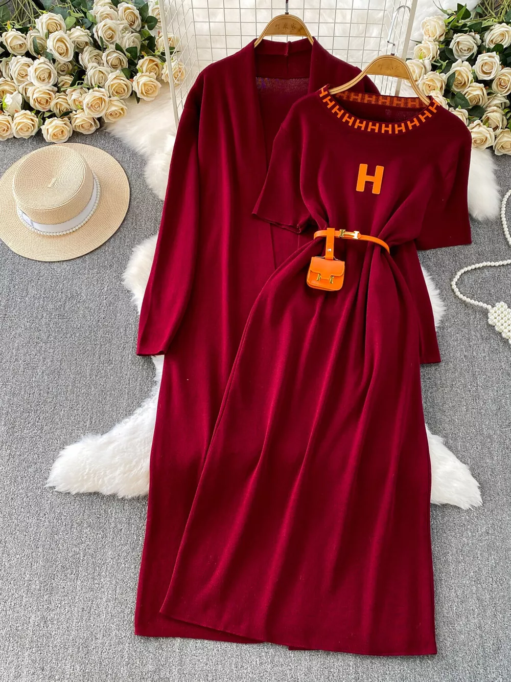 Round Neck Knitted Dress & Cardigan Set, image 5