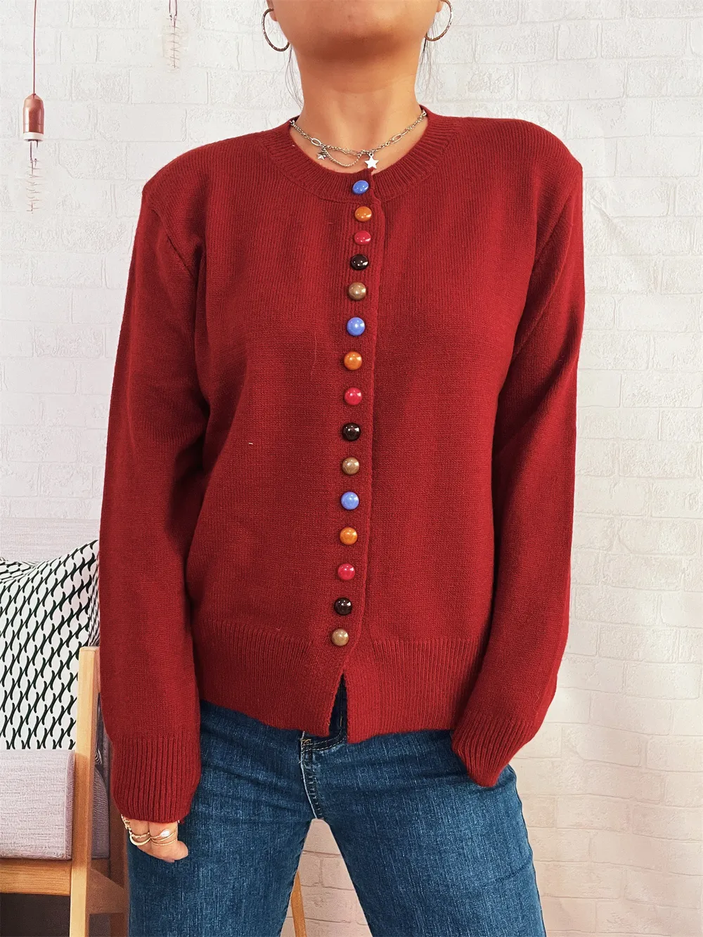 Button-Front Cardigan with Colorful Detail Buttons, image 23