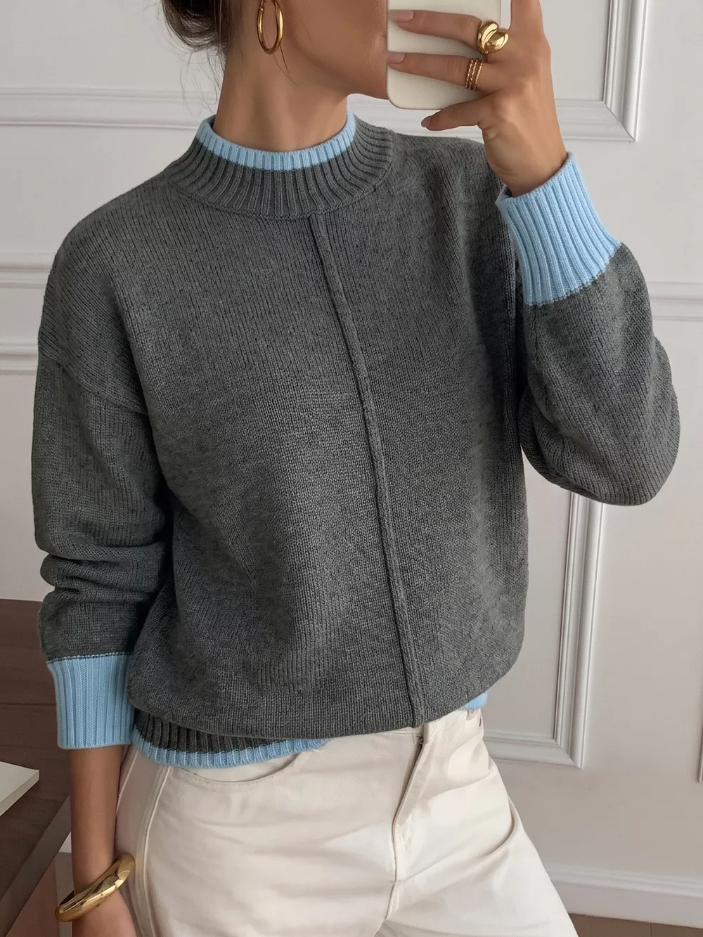Contrast Trim Crew Neck Sweater, image 2