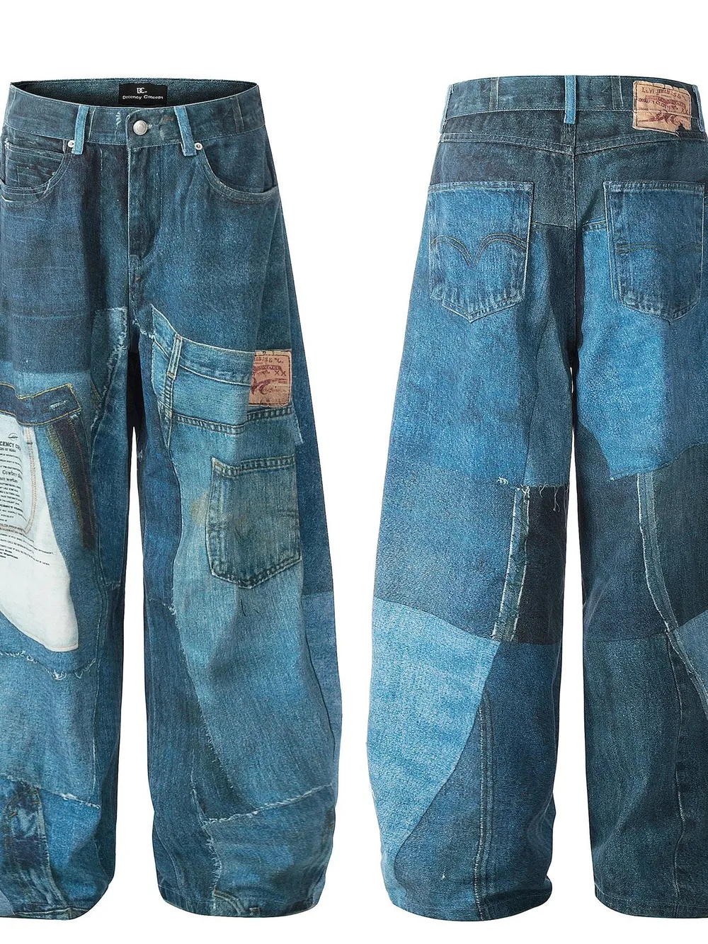 Men's Washed Patchwork Wide Leg Curved Jeans, image 4