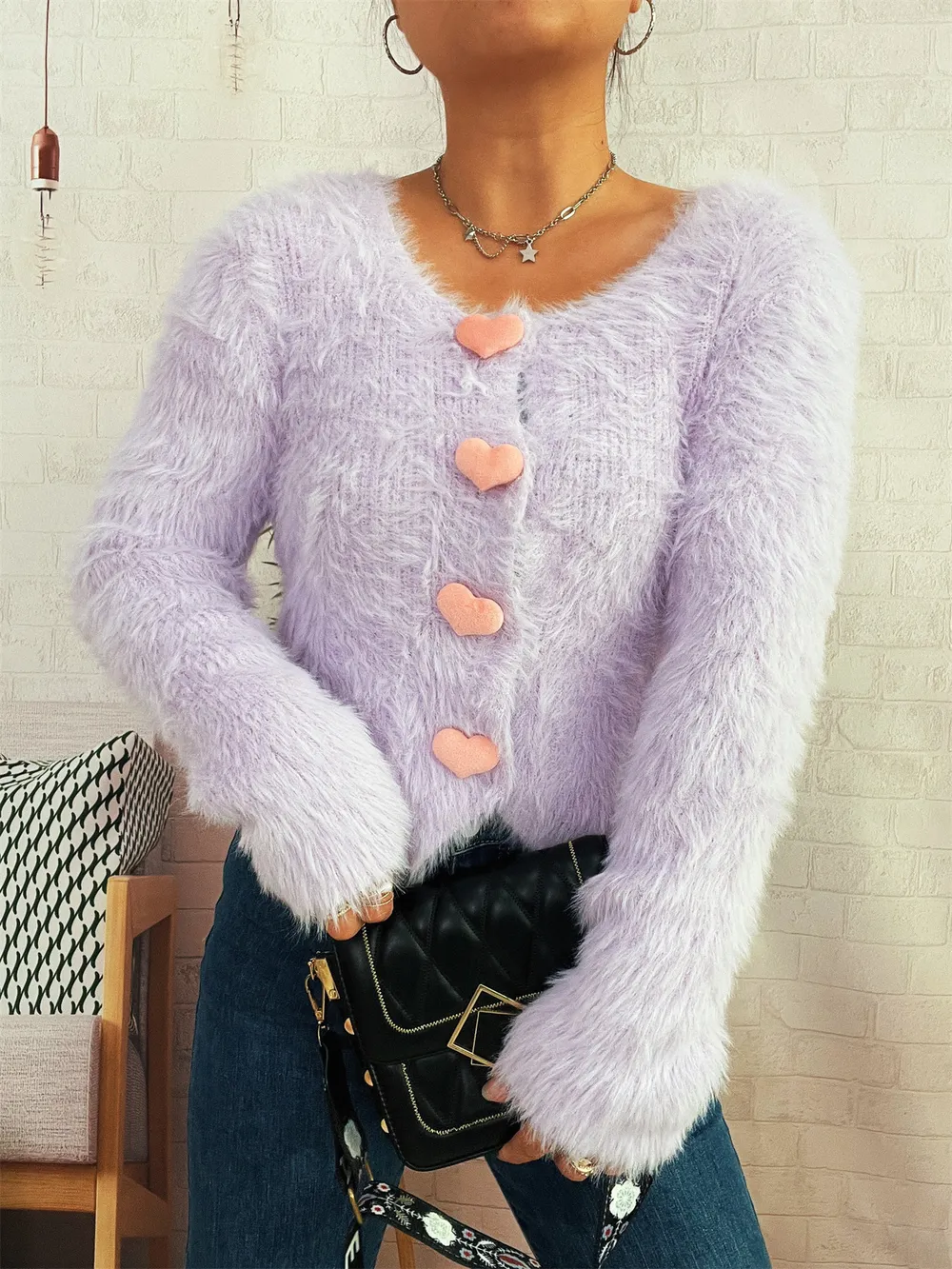 Fuzzy Heart Shape Button-Up Cardigan, image 3