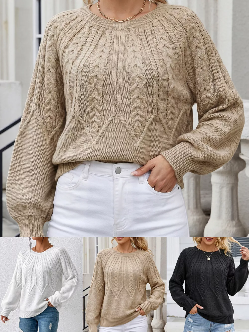 Cable-Knit Round Neck Sweater, image 16