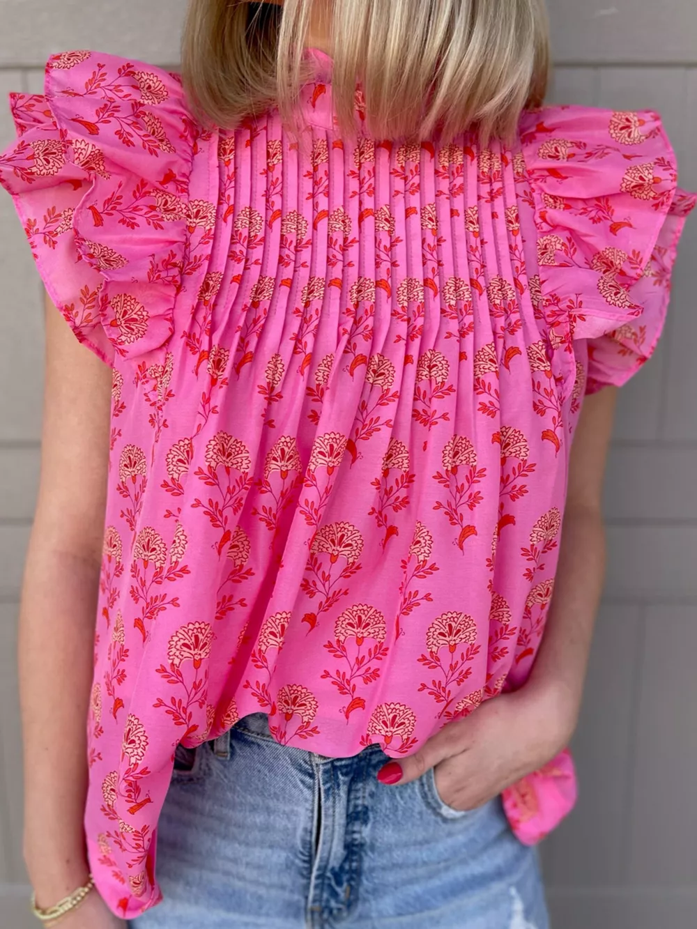 Floral Print Pleated Ruffled Flutter Sleeve Blouse, image 3