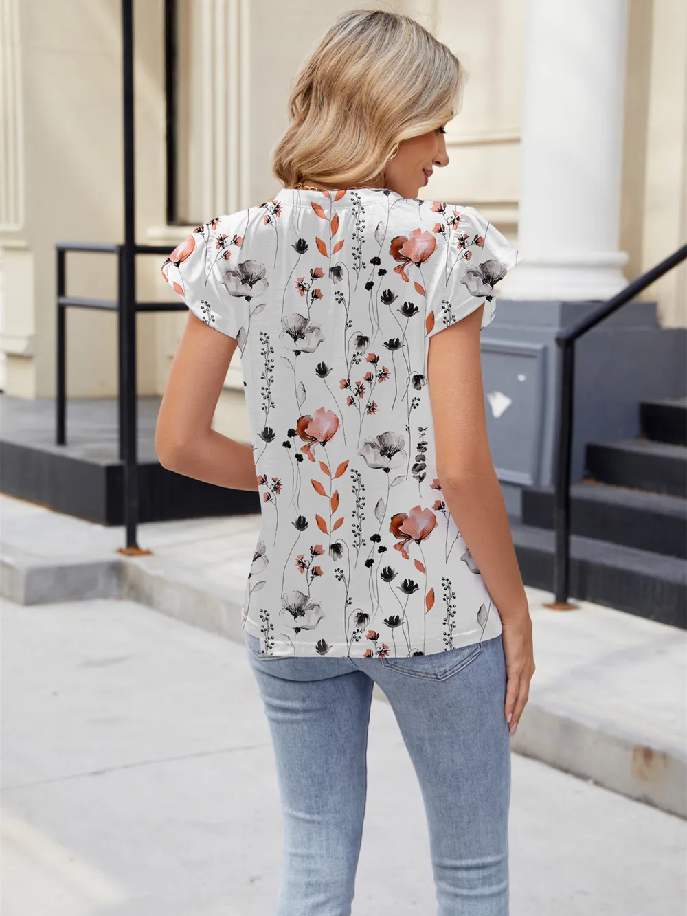 Floral Print V-Neck Cap Sleeve Casual Summer Blouse, image 12