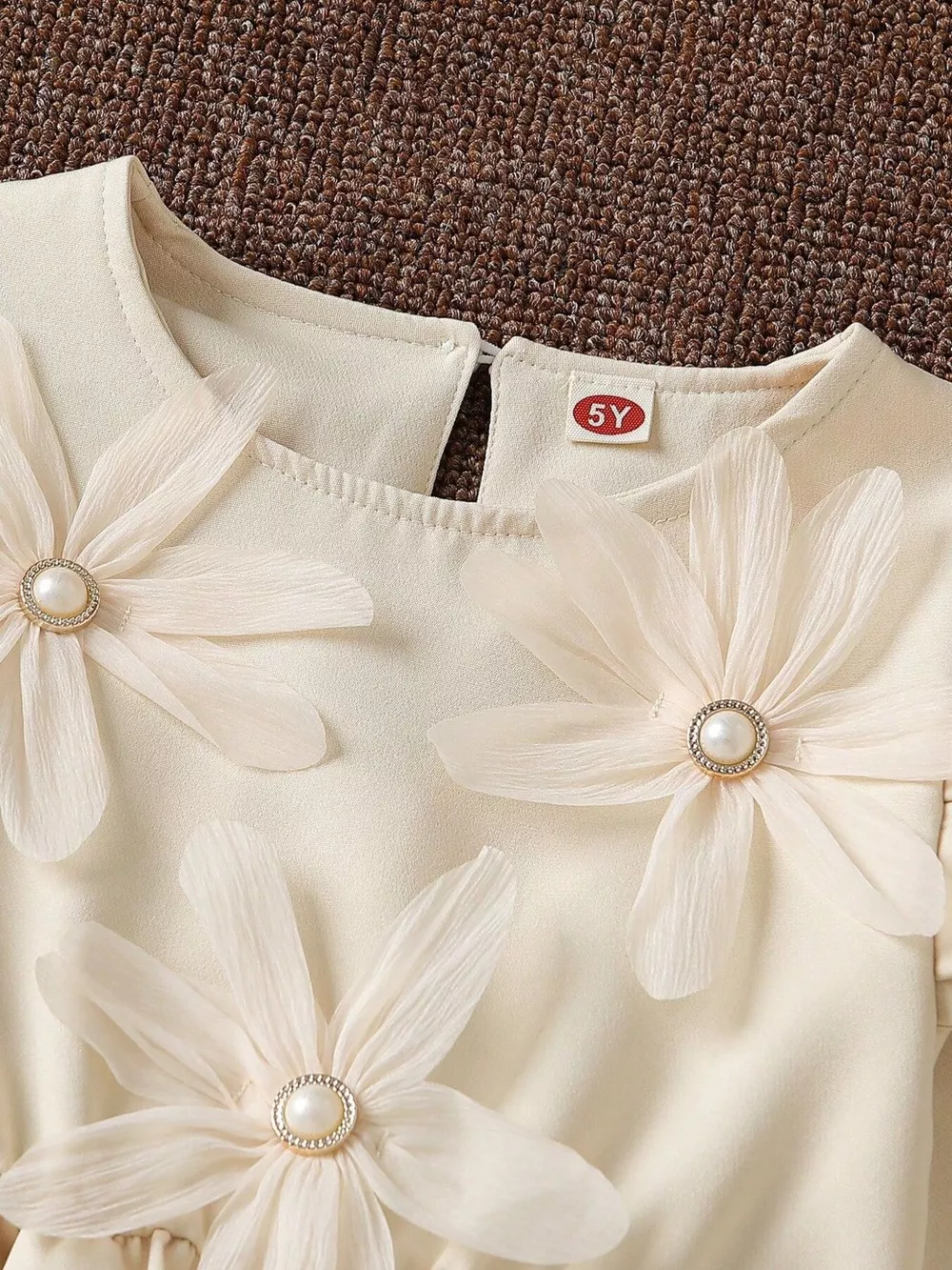 Children's Long-Sleeve Dress with 3D Floral Appliques and Pearl Accents, image 3