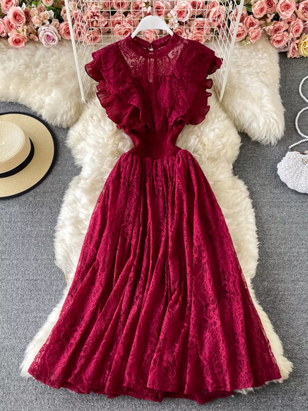 Ruffled Mock Neck Lace Maxi Dress, image 20