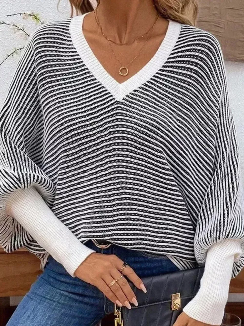 V-Neck Striped Batwing Sleeve Sweater, image 2