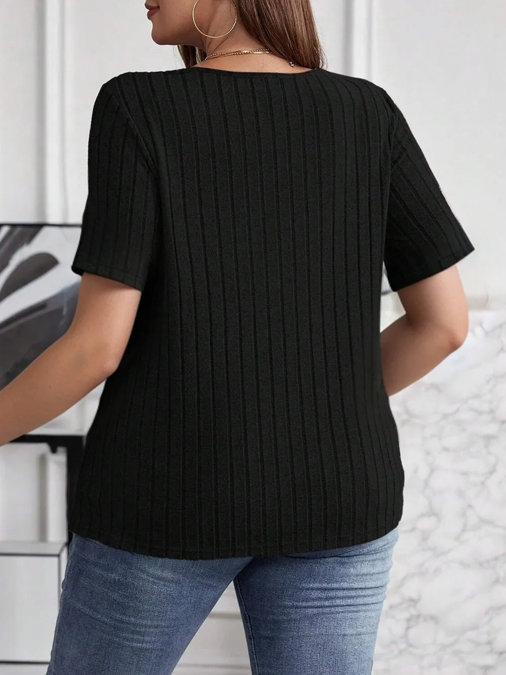 Plus Size V-Neck Short Sleeve Ribbed T-Shirt, image 8