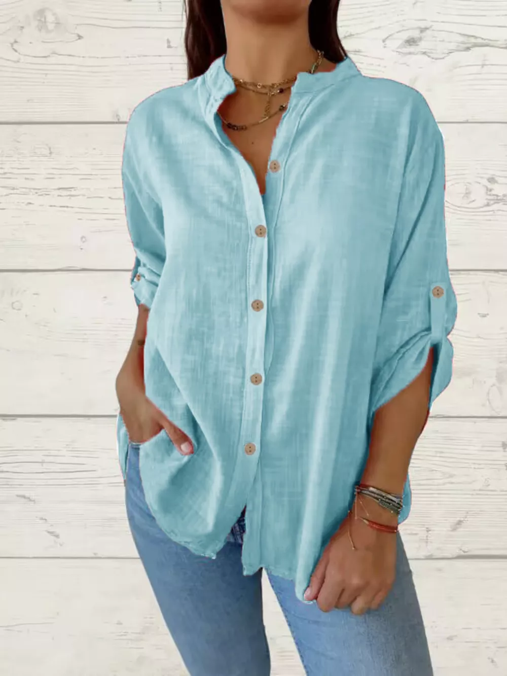 Full Size Casual Button-Down Roll-Up Sleeve Shirt Plus Size, image 8