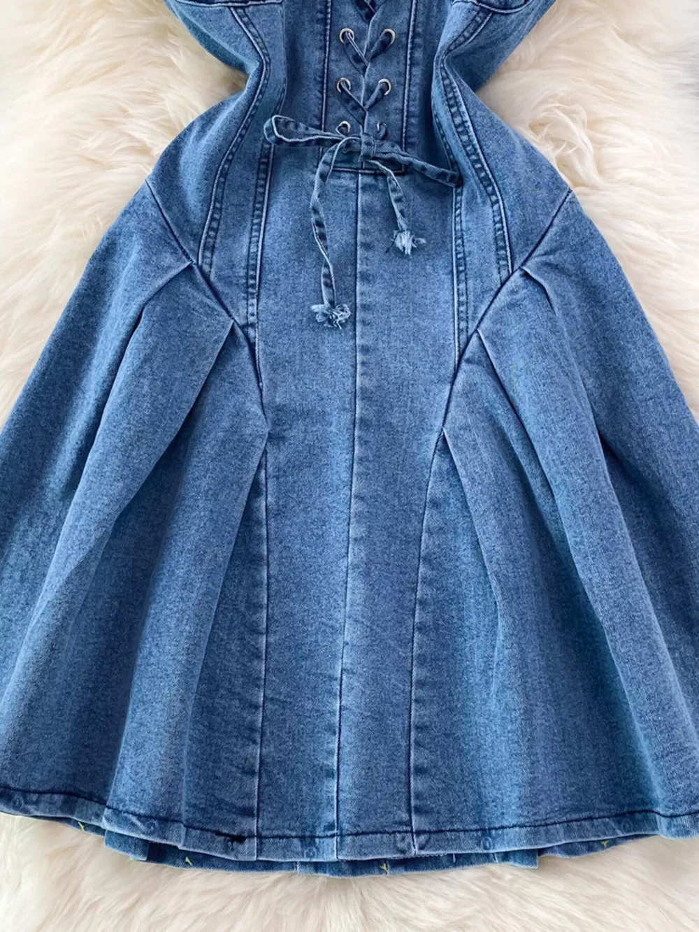 Lace-Up Denim A-Line Mini Dress, image 7