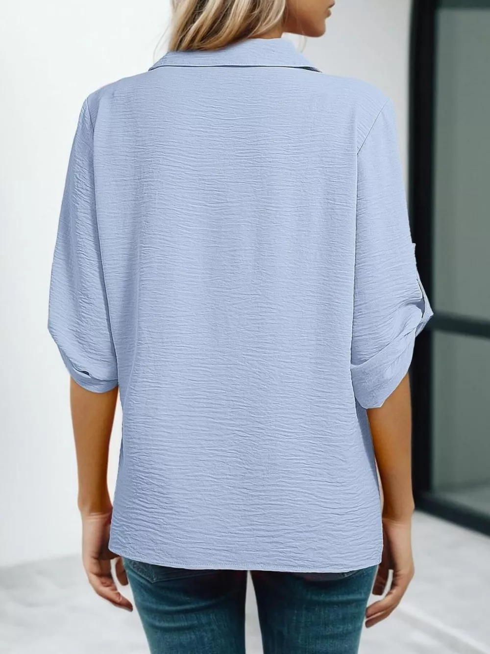 Johnny Collar Roll-Up Sleeve Blouse, image 6