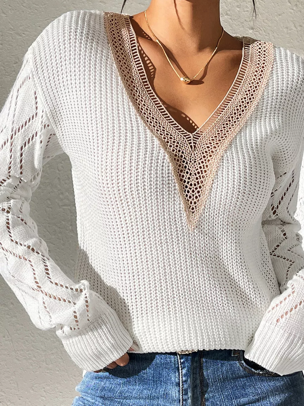 V-Neck Hollow Knit Sweater, image 4