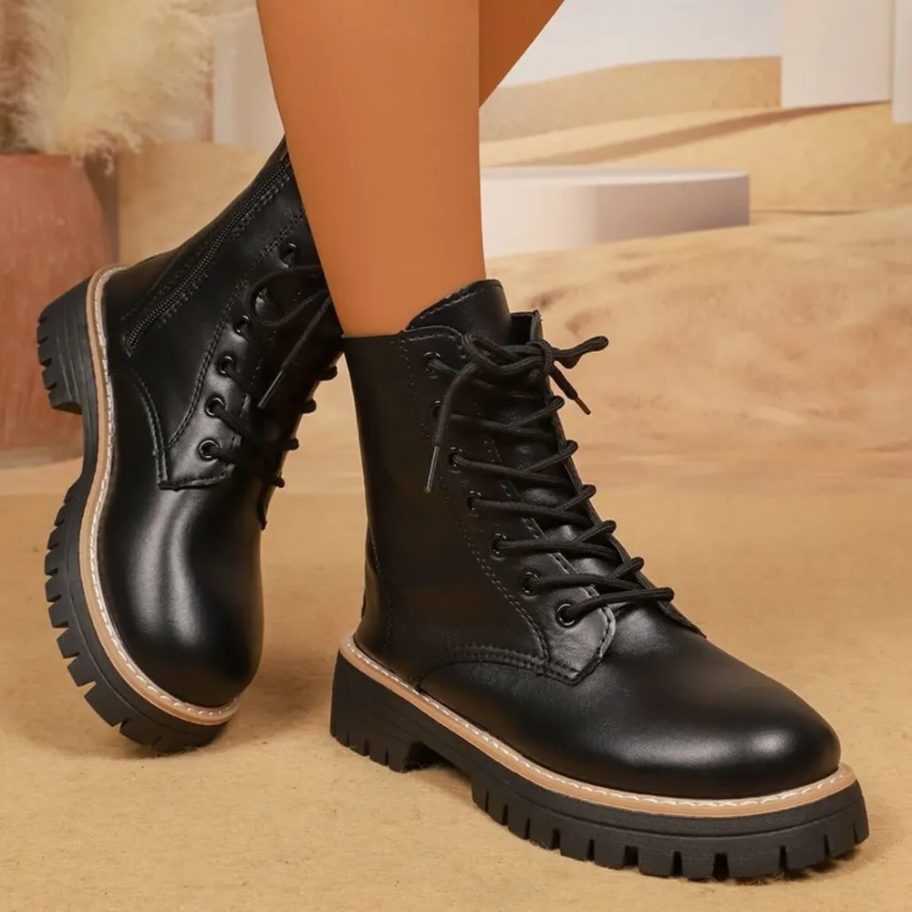 Lace Up Leather Combat Boots with Chunky Sole, image 3