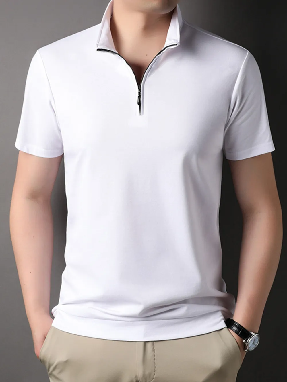Men's Plus Size Zip Collar Short Sleeve Polo Shirt, image 5