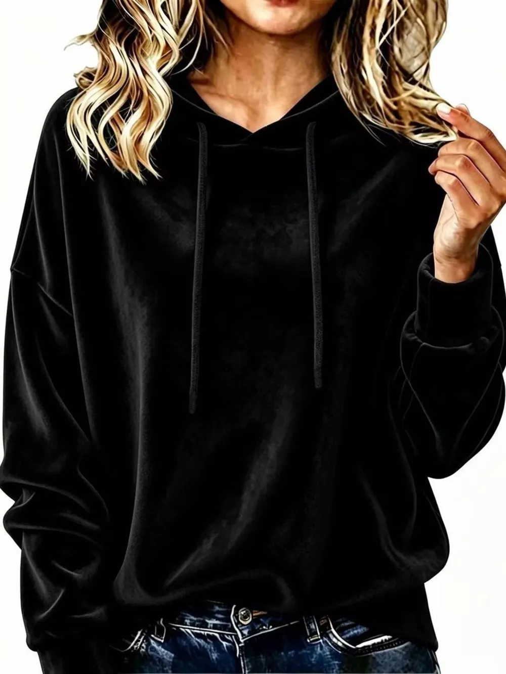 Full Size Drawstring Velvet Long Sleeve Hoodie Plus Size, image 9