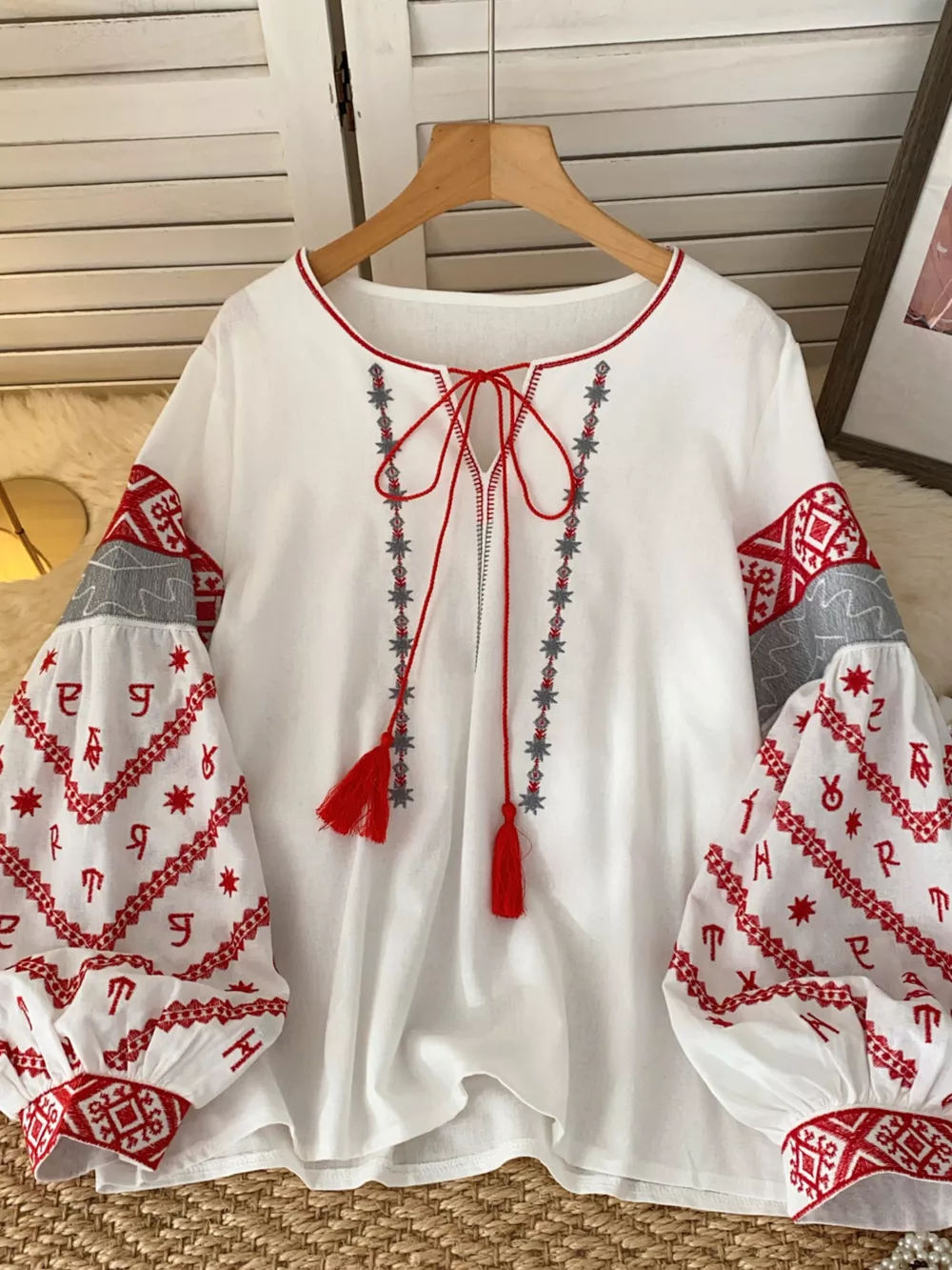 Embroidered Tie Neck Blouse, image 8