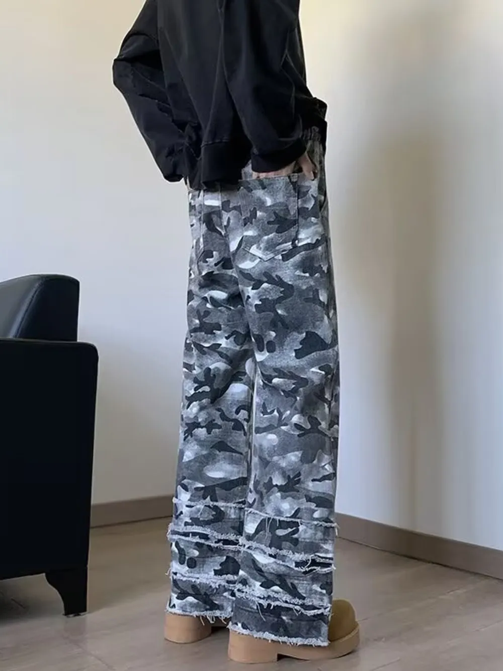 Men's Full Size Raw Hem Camo Wide Leg Jeans Plus Size, image 3