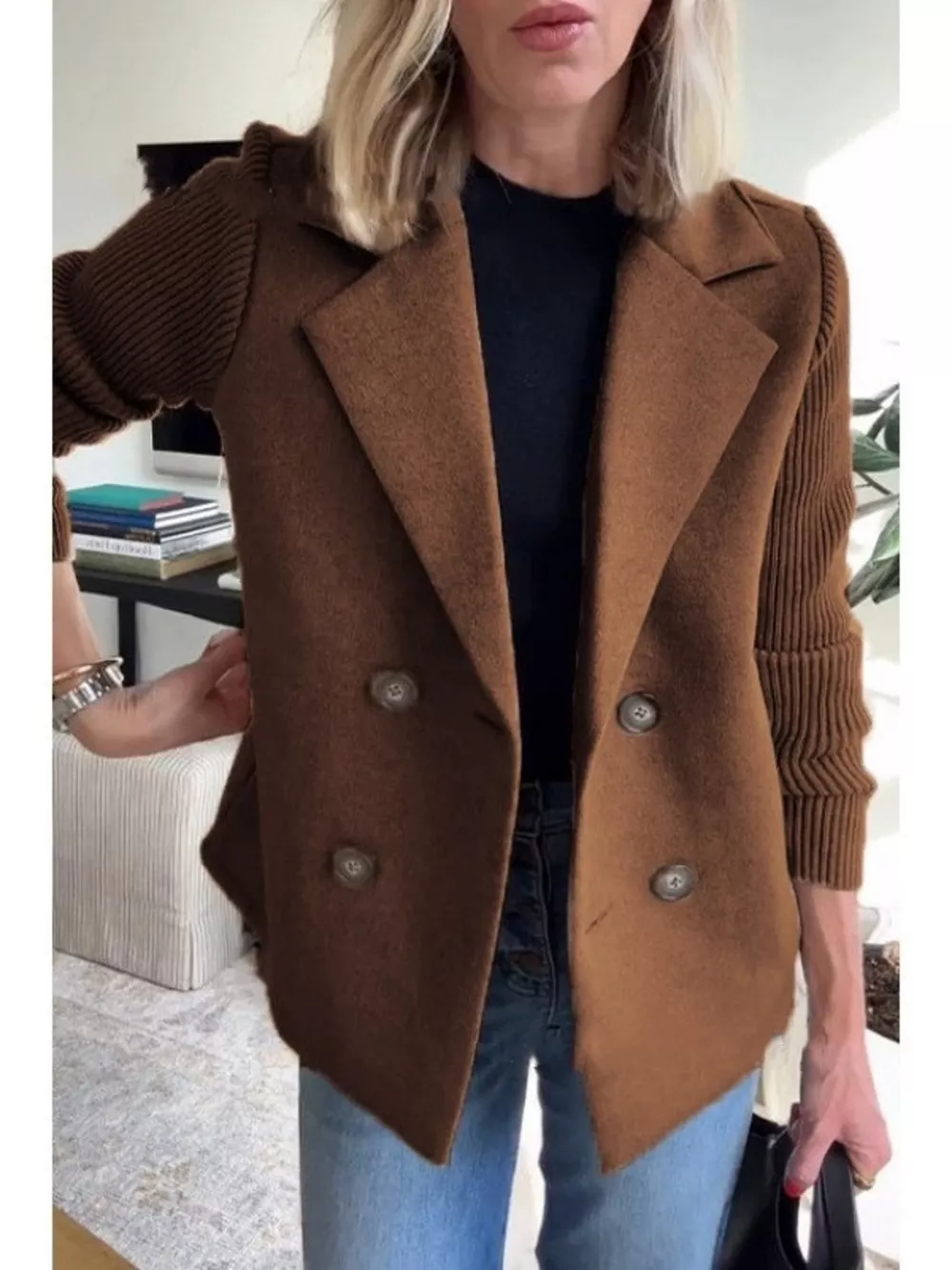 Full Size Knitted Sleeve Wool Blend Double-Breasted Blazer Plus Size, image 8