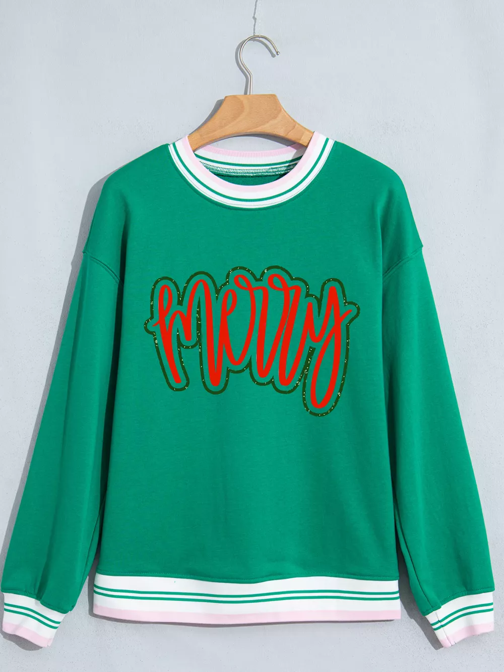 Merry Holiday Graphic Striped Trim Crew Neck Sweatshirt, image 2