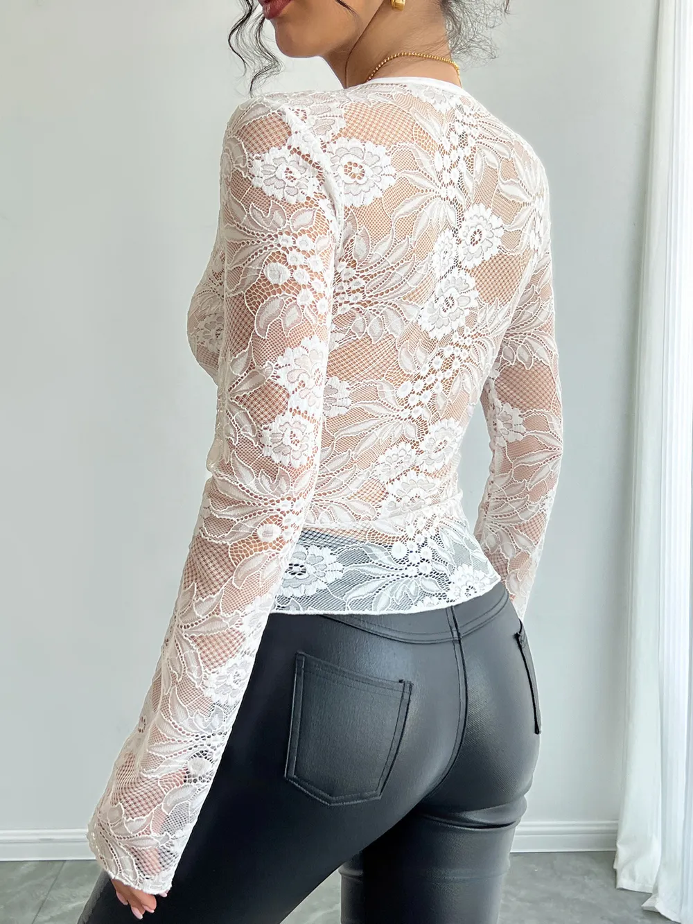 Lace Deep V-Neck Long Sleeve T-Shirt, image 6