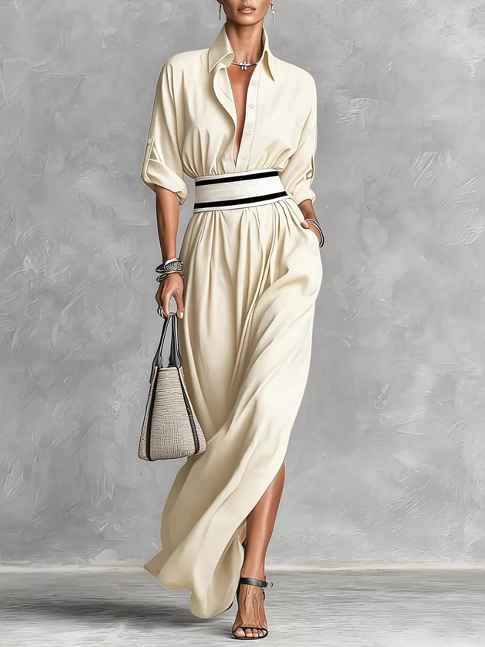 Slit Roll-Up Sleeve Maxi Dress, image 5