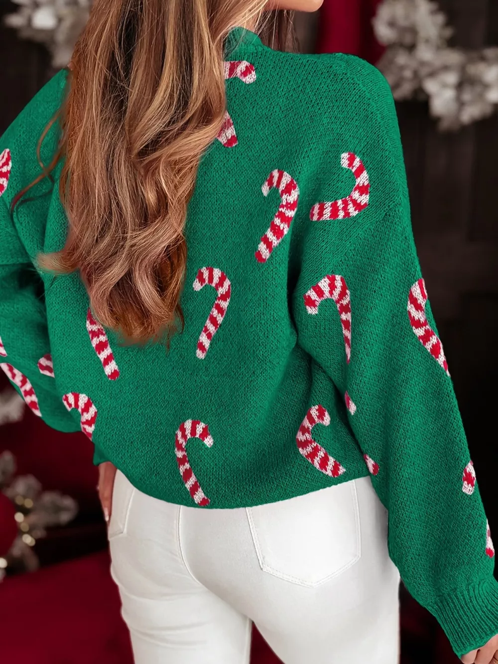 Christmas Candy Cane Holiday Drop Shoulder Sweater, image 8