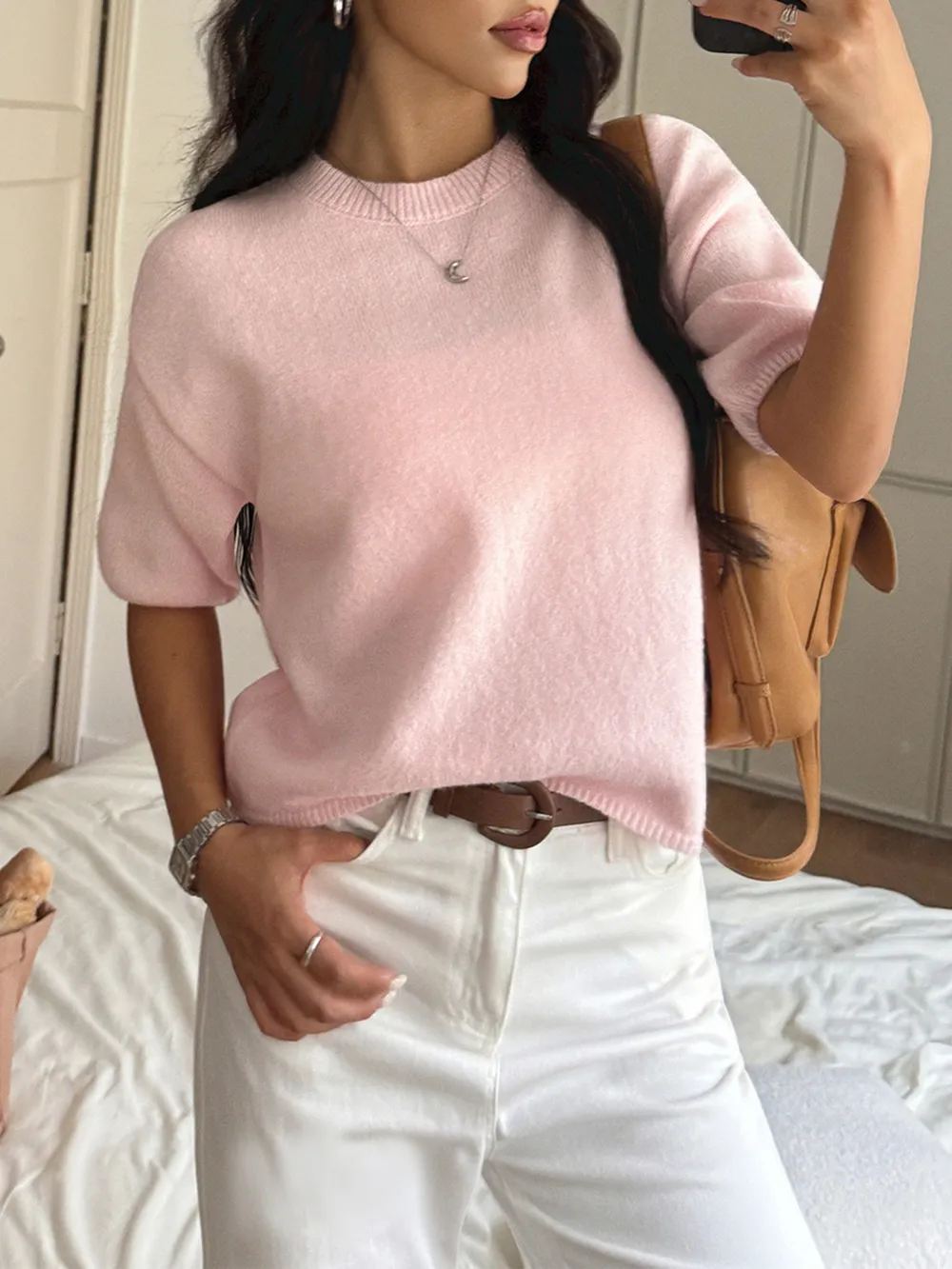 Ribbed Hem Round Neck Sweater, image 6