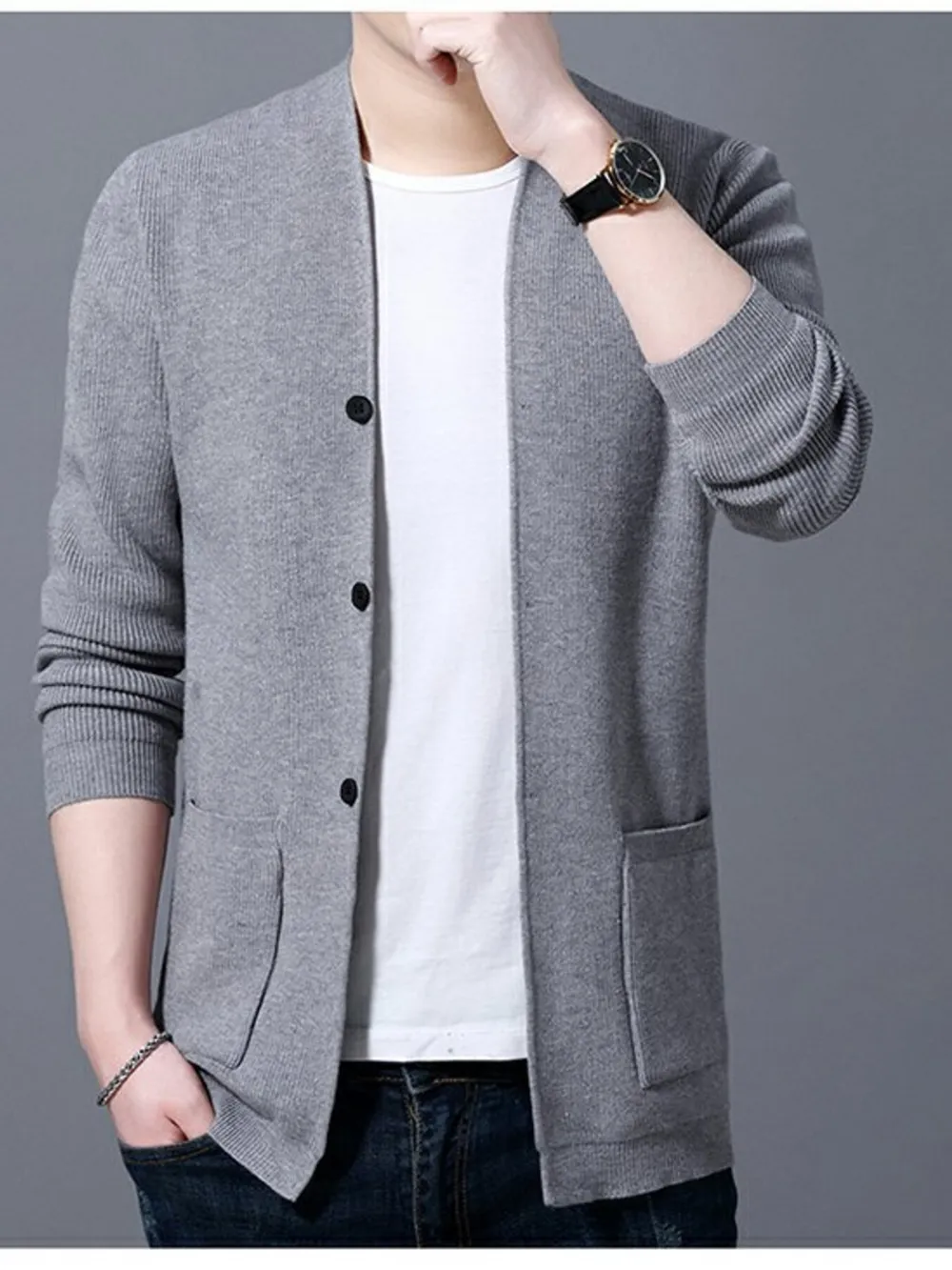 Men's Plus Size Long Sleeve Cardigan with Pockets, image 4