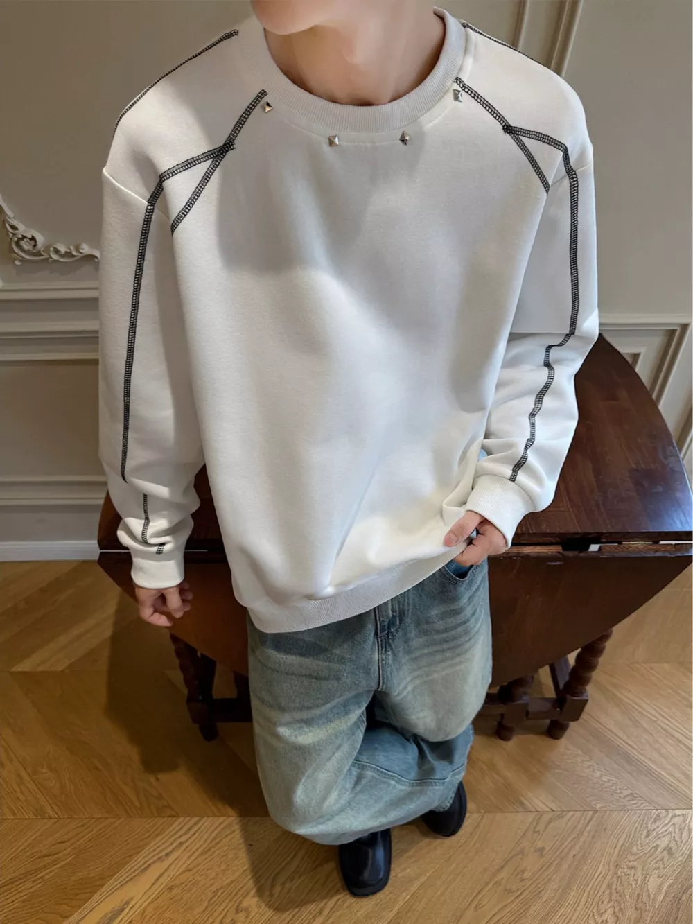 Men's Plus Size Studded Contrast Stitching Sweatshirt, image 5