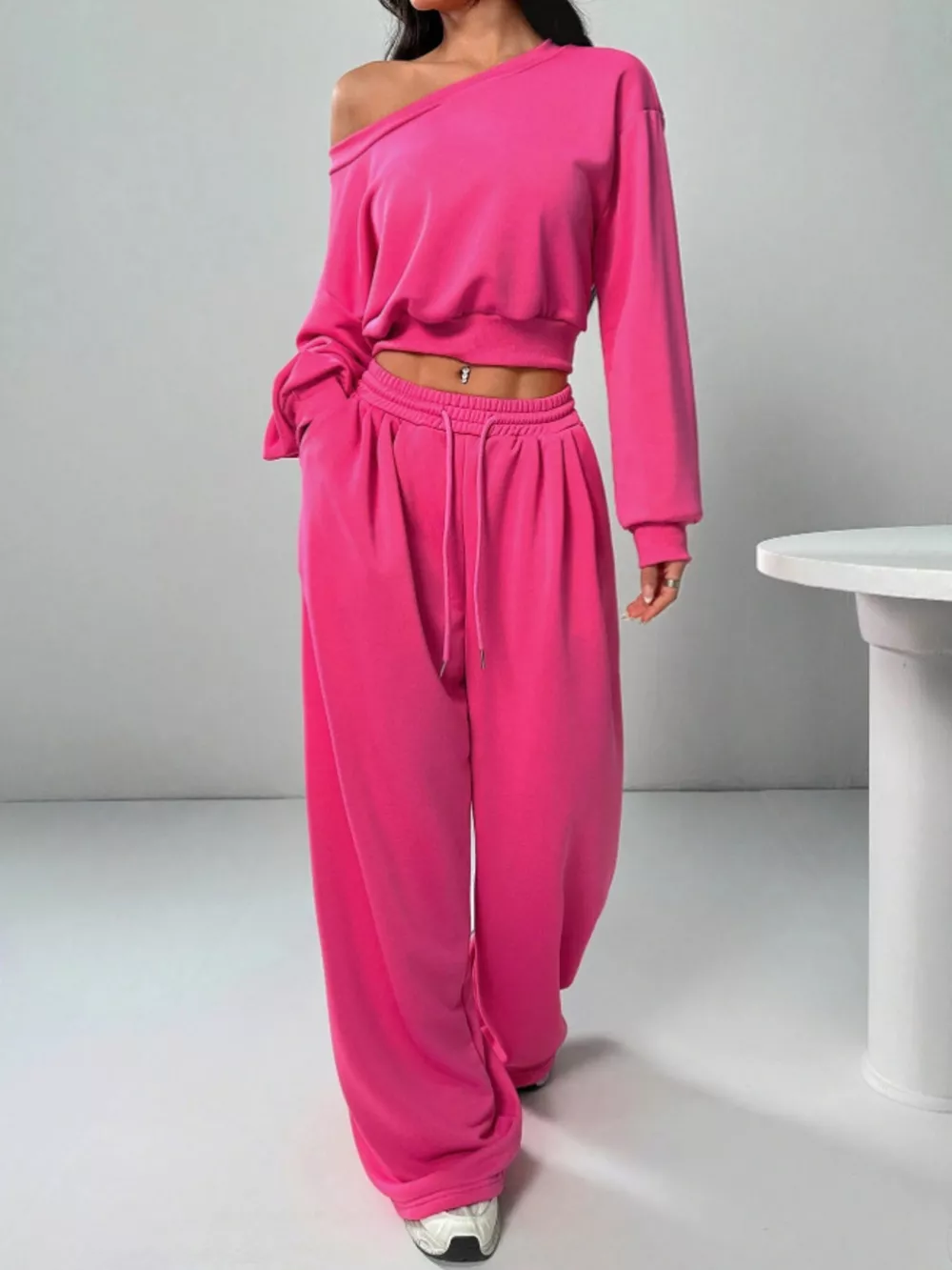 Boat Neck Long Sleeve Top and Pants Set