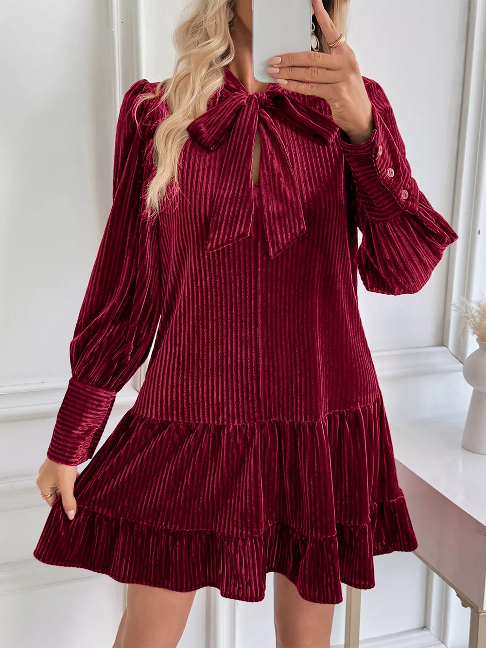 Velvet Tie Front Tiered Mini Dress, image 3