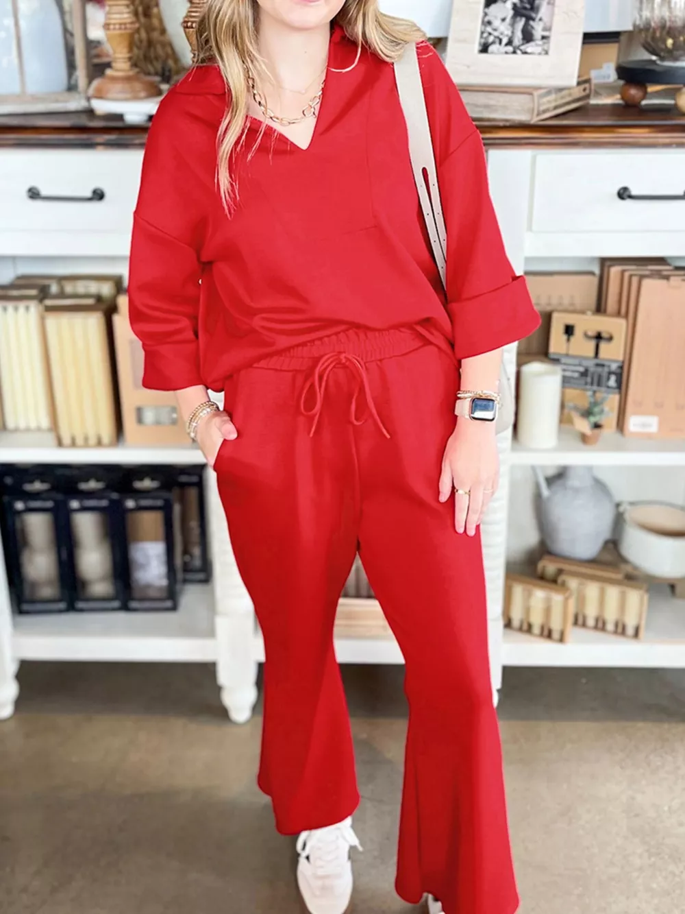 Polo Collar V Neck 3/4 Sleeve Pullover Drawstring Bell Bottom Pants 2pcs Set, image 3