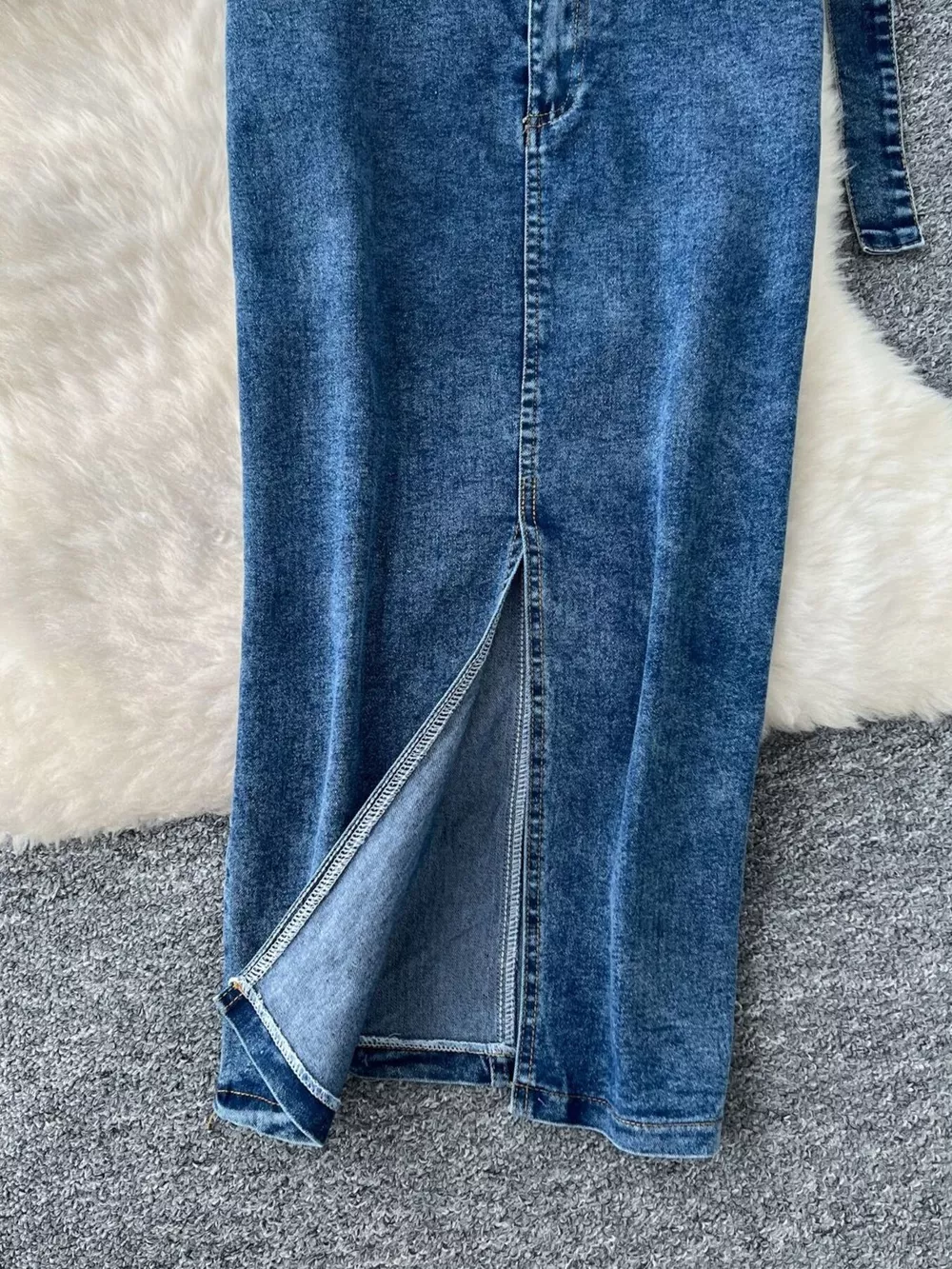 Frayed Denim Patchwork Top & Slit Maxi Skirt Denim Set, image 4
