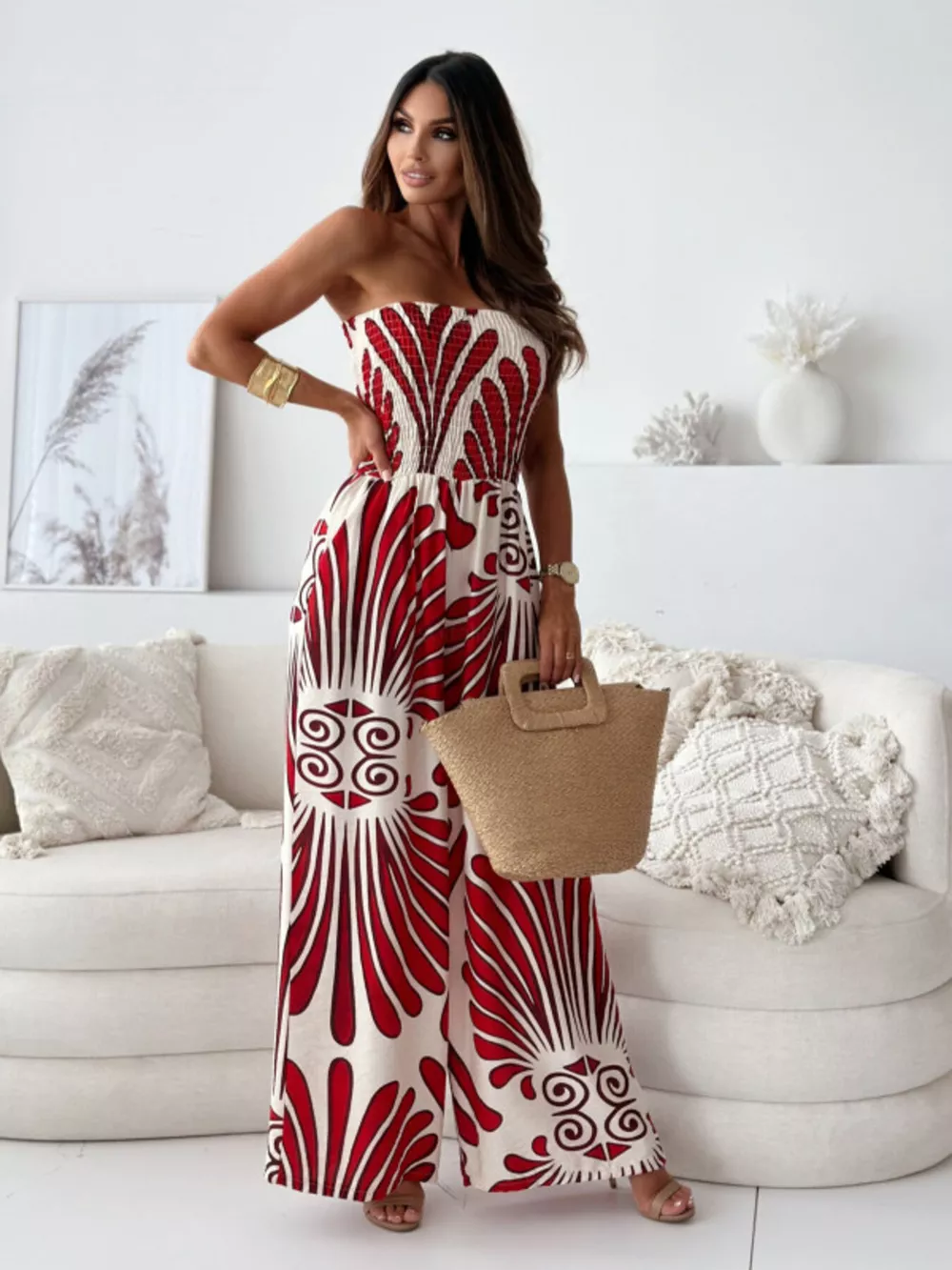 Printed Strapless Wide-Leg Jumpsuit, image 4