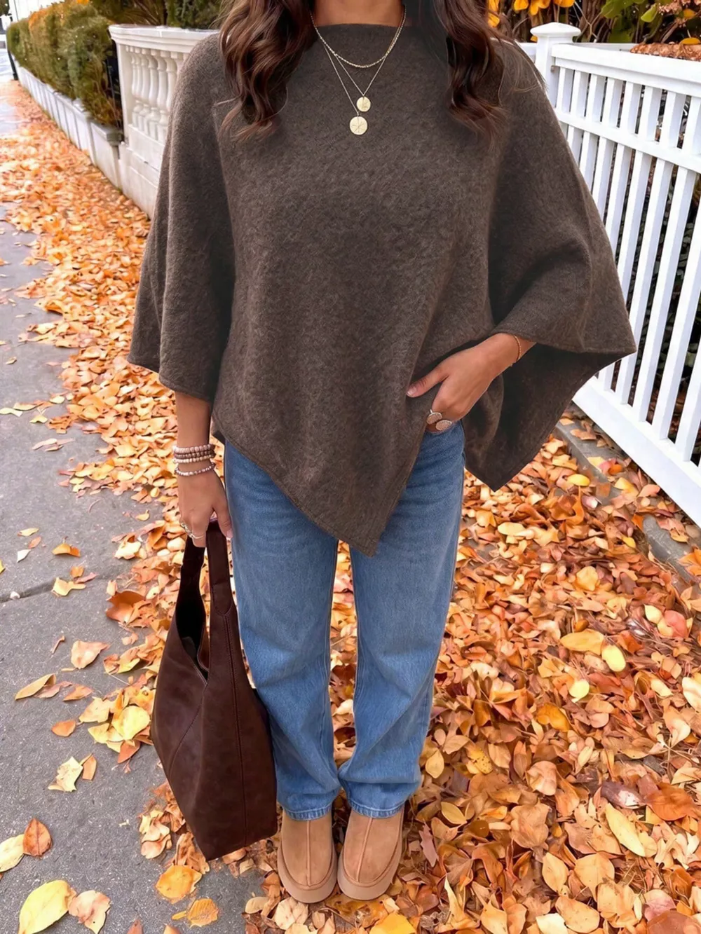 Brushed Loose Shawl Round-Neck Cape Sweater with Bat Sleeves, image 14