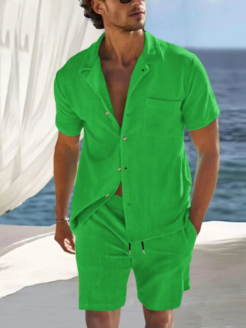 Men's Full Size Button Detail Short Sleeve Top and Shorts Set Plus Size, image 6
