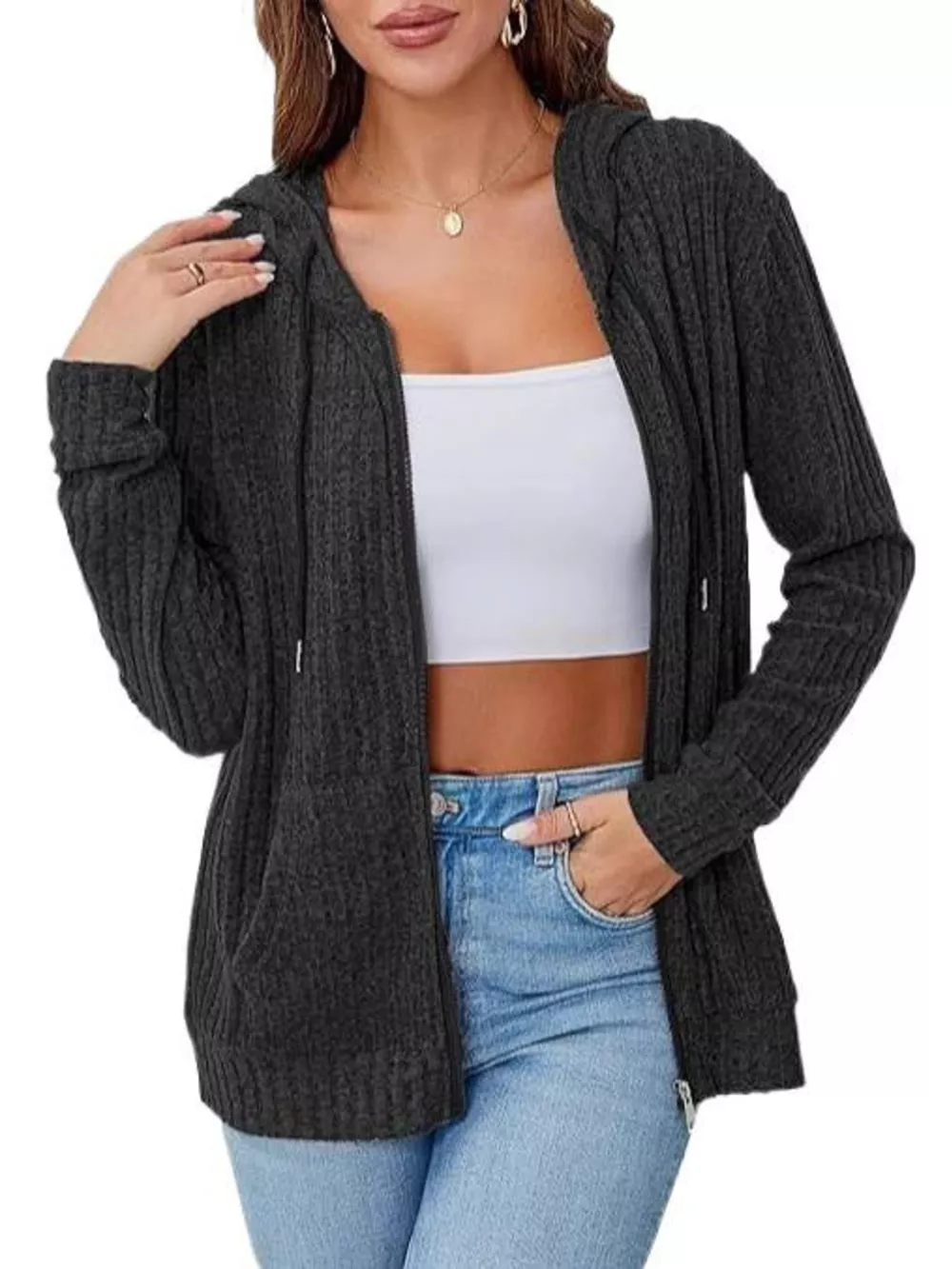 Ribbed Knit Zip-Up Hooded Cardigan, image 2