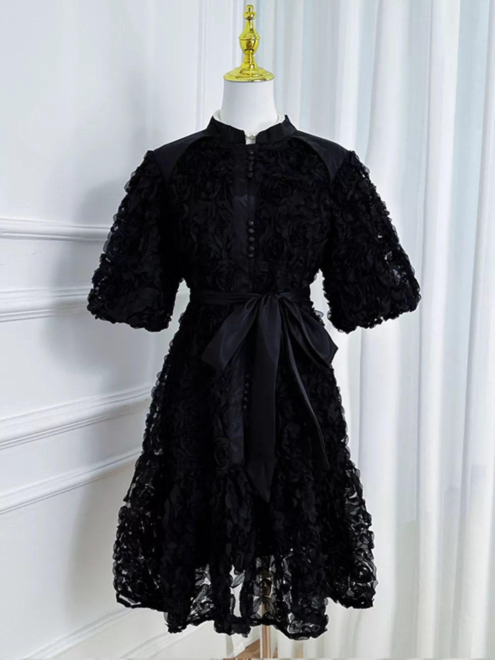 Flower Embellished Puff Sleeve Dress, image 3