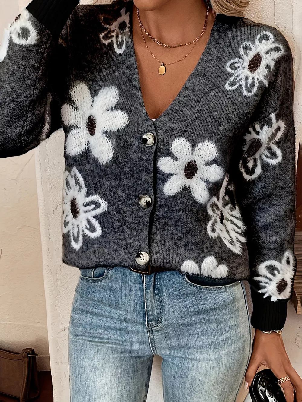 Floral Print Button-Up Knit Cardigan