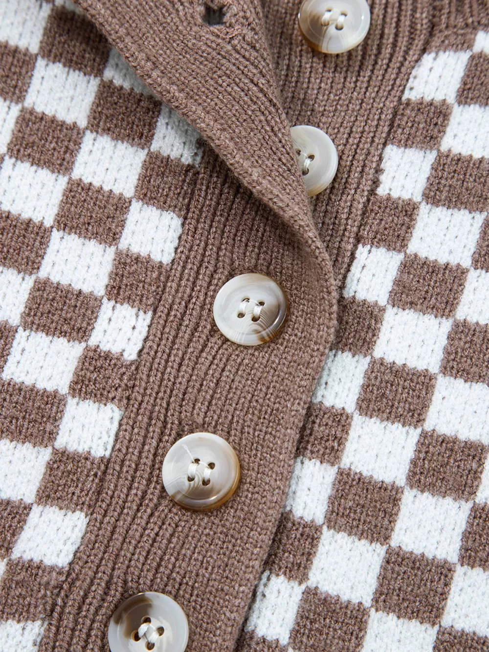 Half Button Ribbed Trim Checkerboard Knit Sweater, image 10