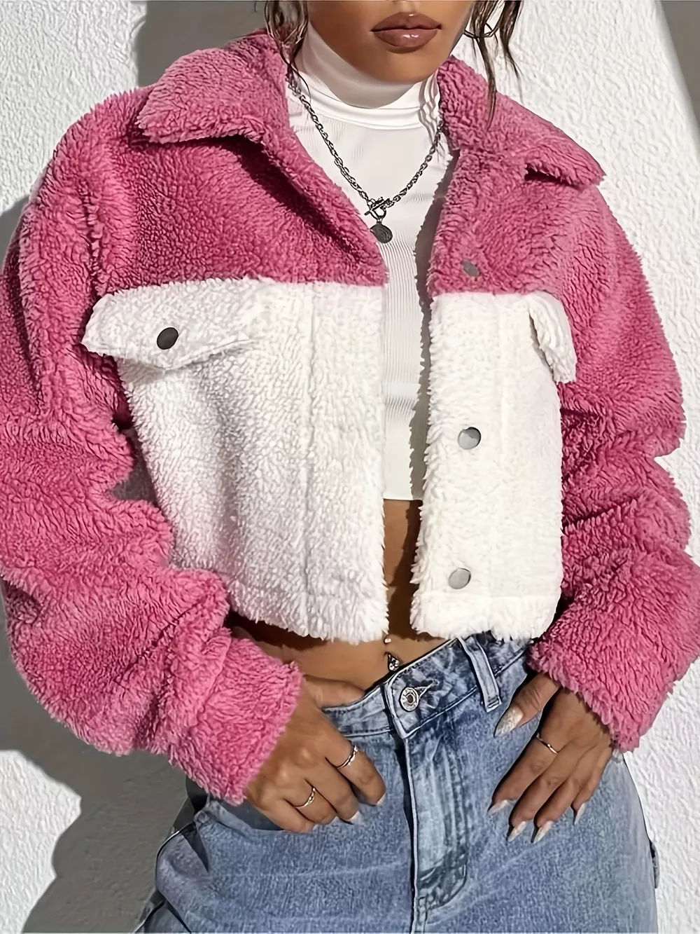 Two-Tone Plush Cropped Jacket, image 2