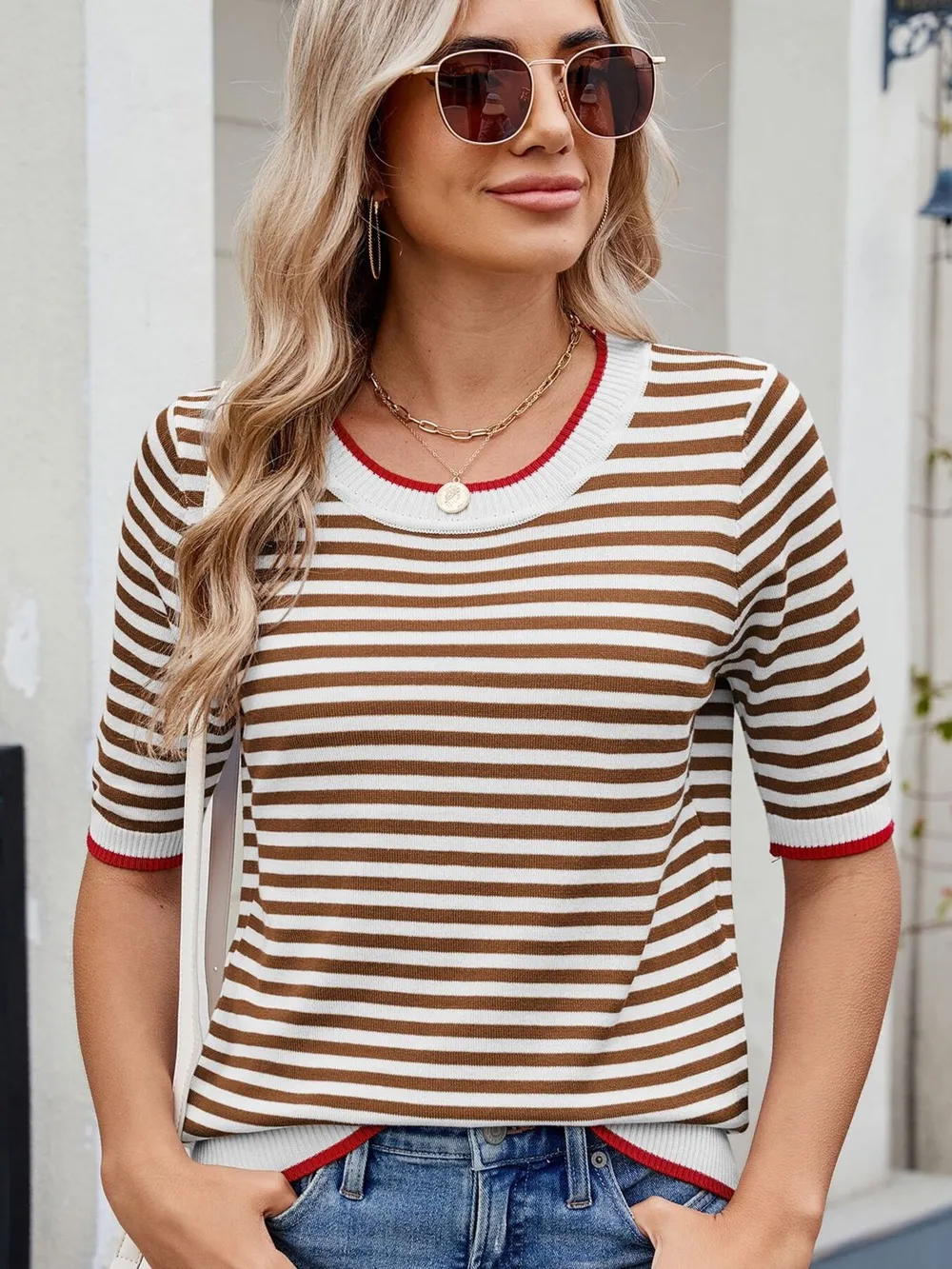 Striped Casual T-Shirt with Contrast Trim, image 9
