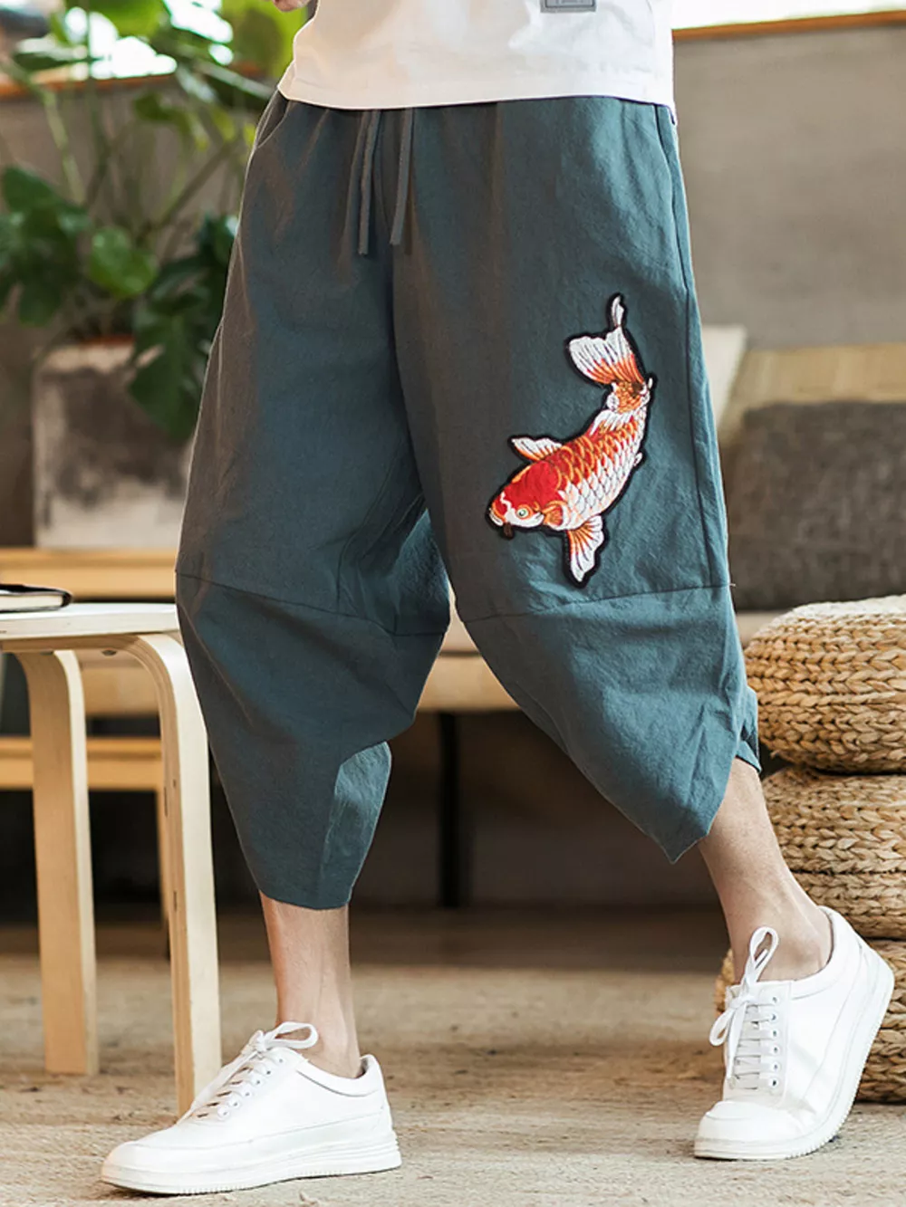 Men's Plus Size Embroidered Koi Fish Harem Pants, image 4