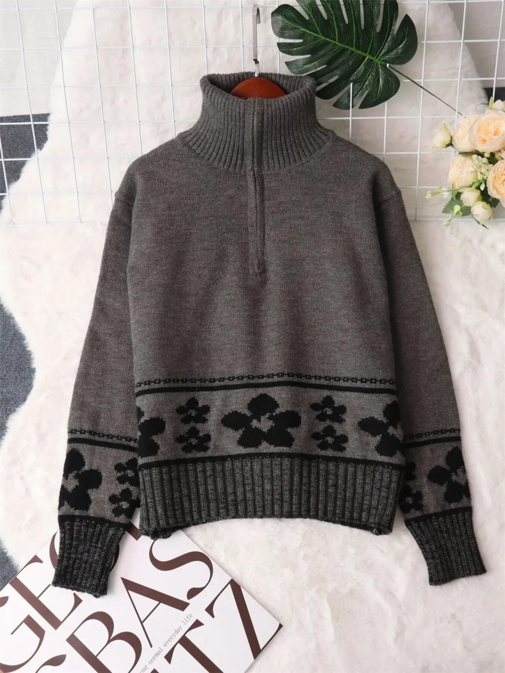 Flower Zip Collar Long Sleeve Sweater, image 19